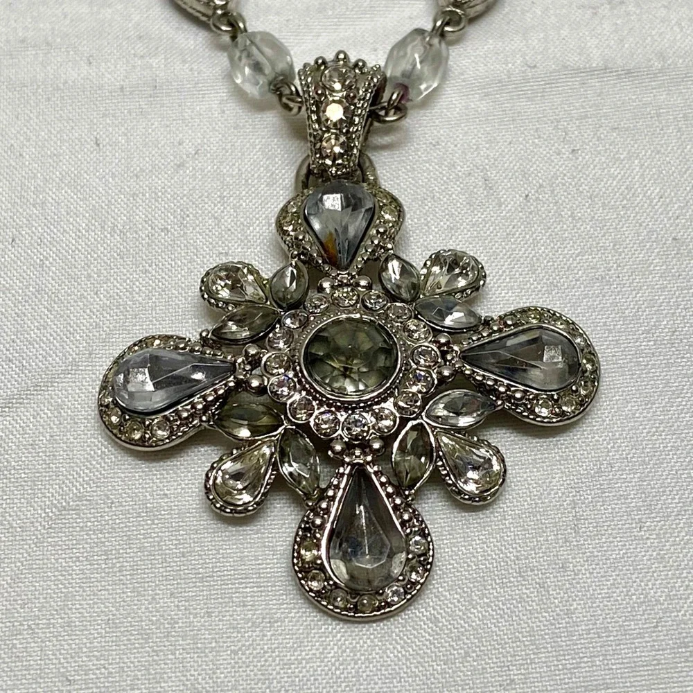 Nancy & Rise Maltese Cross Pendant Necklace w/ Smoke Acrylic & Clear Rhinestones